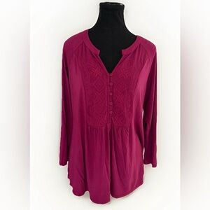 Cable & Gauge Women’s Large Pink Embroidered Boho Tunic Top Blouse